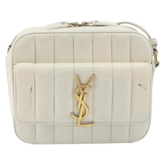 SAINT LAURENT Shoulder Bag Leather White Gold Auth bs36294