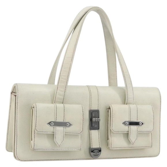 CHANEL Hand Bag Leather White Silver CC Auth bs36301A
