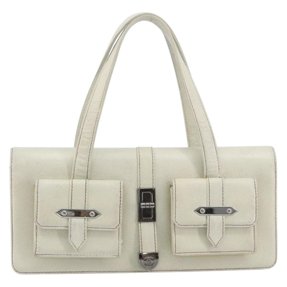 CHANEL Hand Bag Leather White Silver CC Auth bs36301A