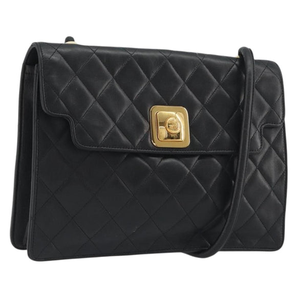 CHANEL Matelasse Chain Shoulder Bag Lamb Skin Black Gold CC Auth bs36306V