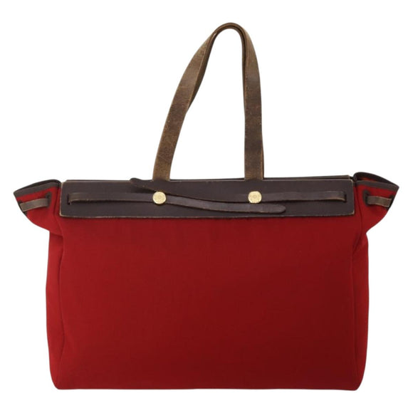 HERMES Herbag Cabas MM Hand Bag Canvas Leather Red Gold Auth bs36333