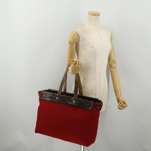 HERMES Herbag Cabas MM Hand Bag Canvas Leather Red Gold Auth bs36333
