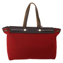 HERMES Herbag Cabas MM Hand Bag Canvas Leather Red Gold Auth bs36333-2