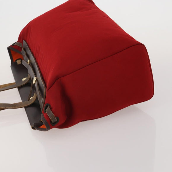 HERMES Herbag Cabas MM Hand Bag Canvas Leather Red Gold Auth bs36333