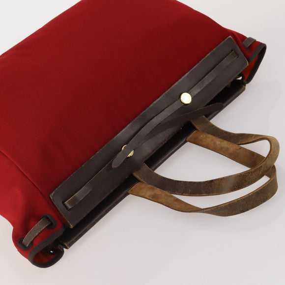 HERMES Herbag Cabas MM Hand Bag Canvas Leather Red Gold Auth bs36333
