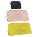 CHANEL Wallet Leather Caviar Skin 3 Set Black Pink Yellow CC Auth bs36349-1