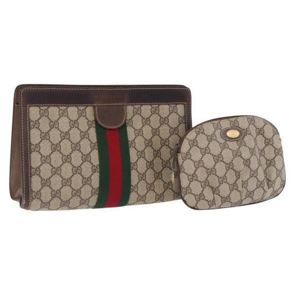GUCCI GG Supreme Web Sherry Line Clutch Bag PVC 2 Set Beige Auth bs36351