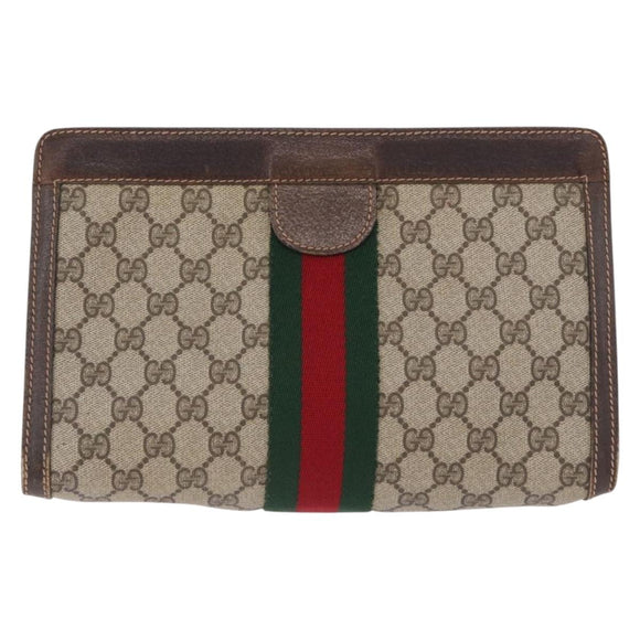 GUCCI GG Supreme Web Sherry Line Clutch Bag PVC 2 Set Beige Auth bs36351