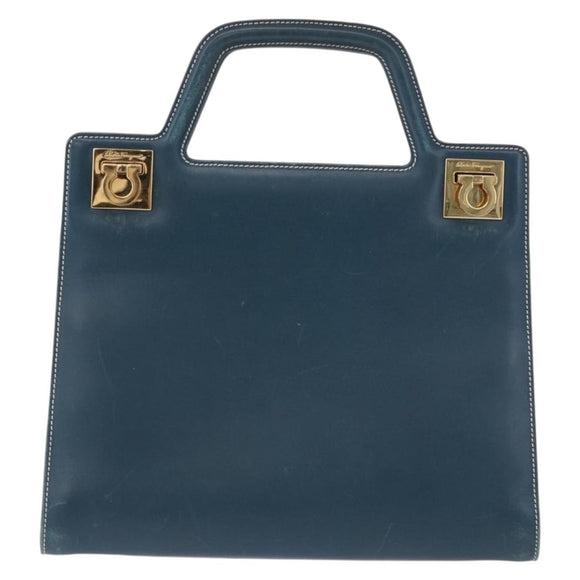 Salvatore Ferragamo Gancini Hand Bag Leather Blue Gold Auth bs36361