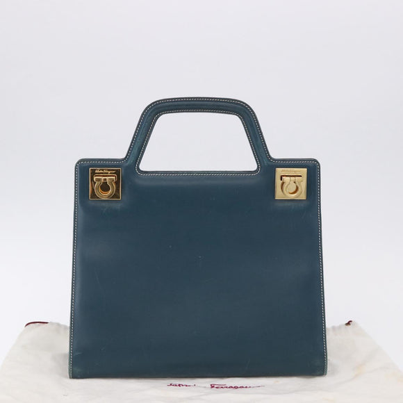 Salvatore Ferragamo Gancini Hand Bag Leather Blue Gold Auth bs36361