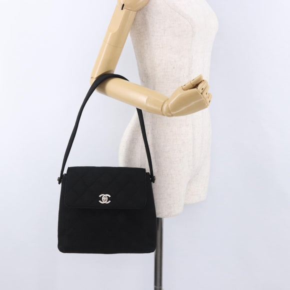 CHANEL Matelasse Hand Bag Cotton Black Silver CC Auth bs36363