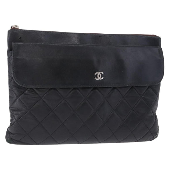 CHANEL Matelasse Clutch Bag Lamb Skin Black Silver CC Auth bs36365