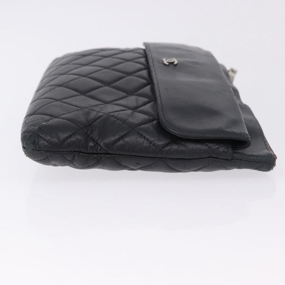 CHANEL Matelasse Clutch Bag Lamb Skin Black Silver CC Auth bs36365