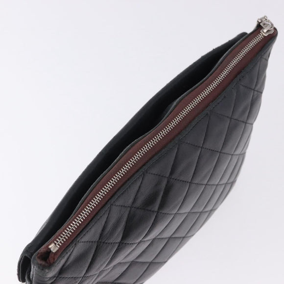 CHANEL Matelasse Clutch Bag Lamb Skin Black Silver CC Auth bs36365