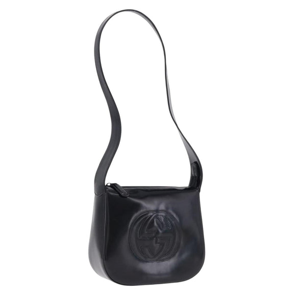 GUCCI Interlocking Shoulder Bag Patent Leather Black 007 2046 0250 Auth bs36370