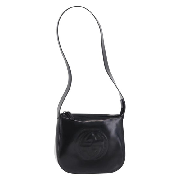 GUCCI Interlocking Shoulder Bag Patent Leather Black 007 2046 0250 Auth bs36370
