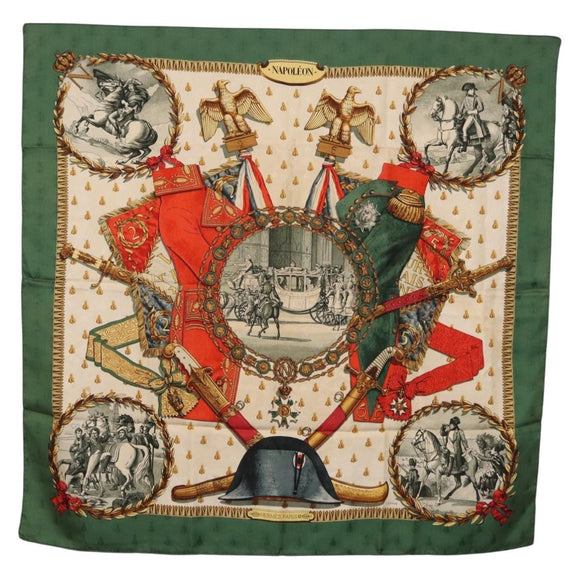 HERMES Carre 90 Scarf Silk ""NAPOLEON"" Green Beige Auth bs36385