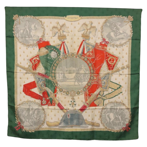 HERMES Carre 90 Scarf Silk ""NAPOLEON"" Green Beige Auth bs36385