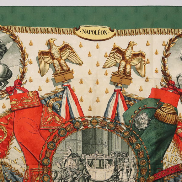 HERMES Carre 90 Scarf Silk ""NAPOLEON"" Green Beige Auth bs36385