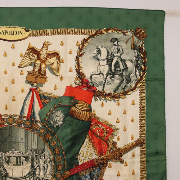 HERMES Carre 90 Scarf Silk ""NAPOLEON"" Green Beige Auth bs36385