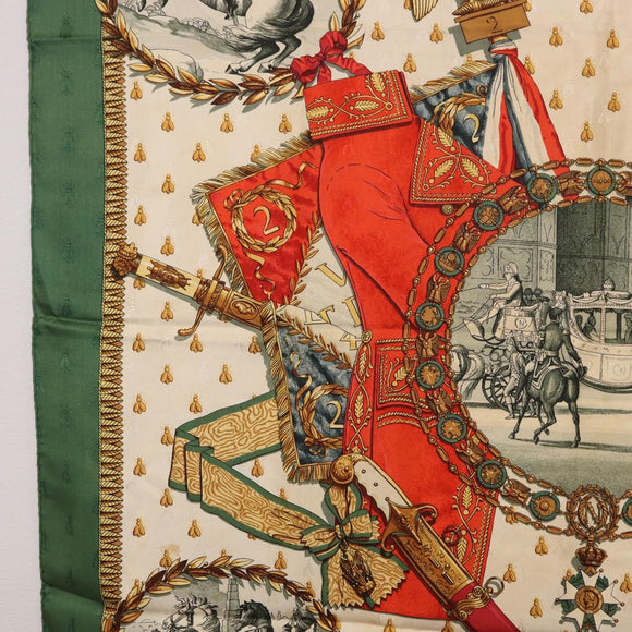 HERMES Carre 90 Scarf Silk ""NAPOLEON"" Green Beige Auth bs36385