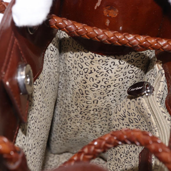 CARTIER Backpack Patent Leather Brown Silver Auth bs36391
