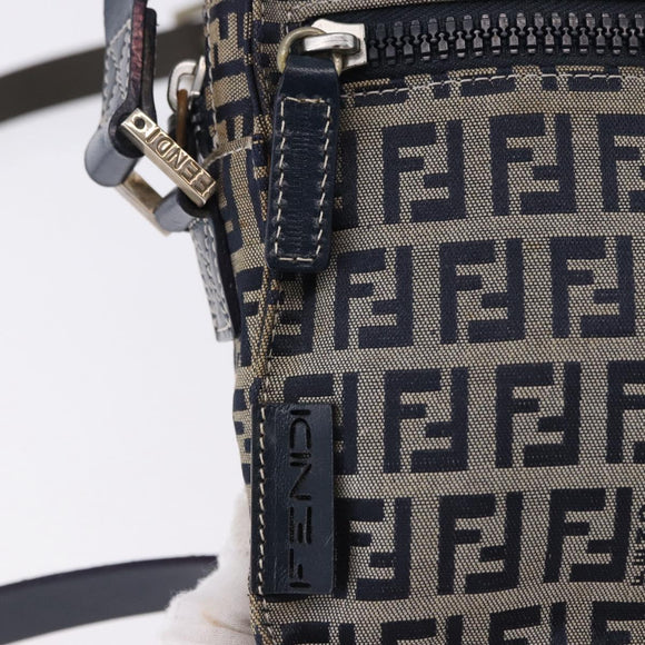 FENDI Zucchino Canvas Shoulder Bag Navy Silver Auth bs36393