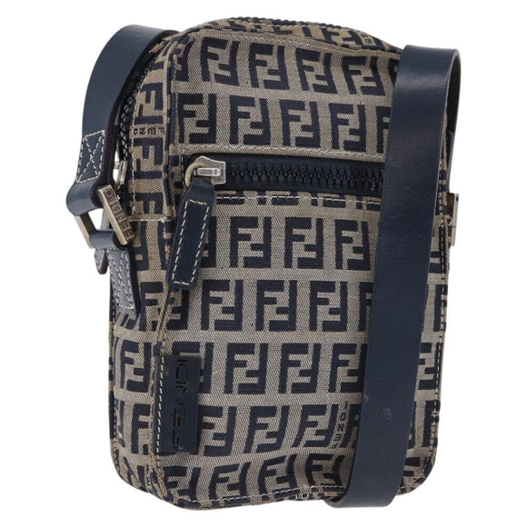 FENDI Zucchino Canvas Shoulder Bag Navy Silver Auth bs36393