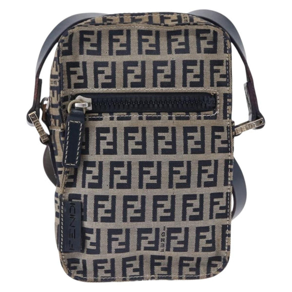 FENDI Zucchino Canvas Shoulder Bag Navy Silver Auth bs36393