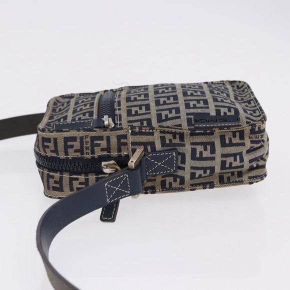 FENDI Zucchino Canvas Shoulder Bag Navy Silver Auth bs36393
