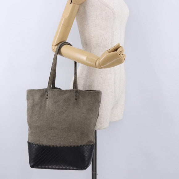 BOTTEGA VENETA INTRECCIATO Hand Bag Canvas Leather Black Beige Auth bs36395