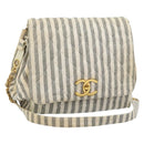CHANEL Striped Matelasse Chain Shoulder Bag Canvas White Gray CC Auth bs3642-1
