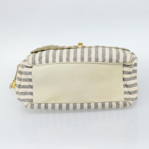 CHANEL Striped Matelasse Chain Shoulder Bag Canvas White Gray CC Auth bs3642