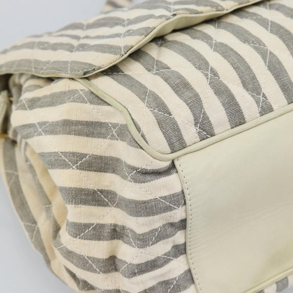 CHANEL Striped Matelasse Chain Shoulder Bag Canvas White Gray CC Auth bs3642