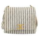 CHANEL Striped Matelasse Chain Shoulder Bag Canvas White Gray CC Auth bs3642-13
