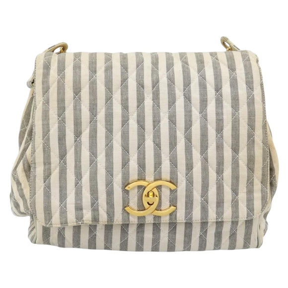 CHANEL Striped Matelasse Chain Shoulder Bag Canvas White Gray CC Auth bs3642