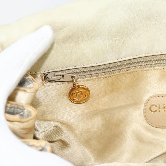 CHANEL Striped Matelasse Chain Shoulder Bag Canvas White Gray CC Auth bs3642