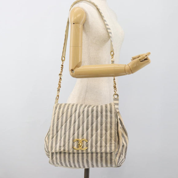 CHANEL Striped Matelasse Chain Shoulder Bag Canvas White Gray CC Auth bs3642