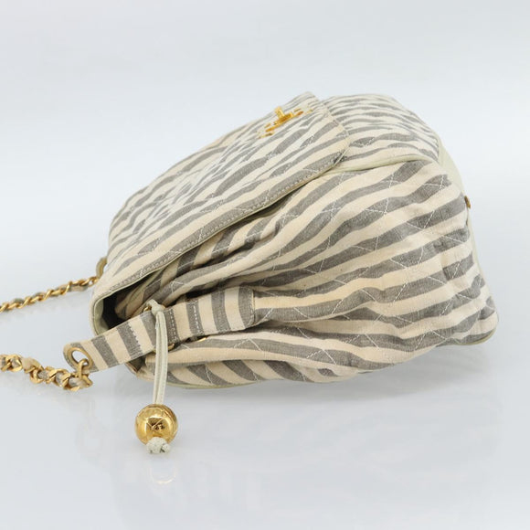CHANEL Striped Matelasse Chain Shoulder Bag Canvas White Gray CC Auth bs3642