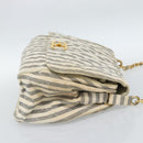 CHANEL Striped Matelasse Chain Shoulder Bag Canvas White Gray CC Auth bs3642-4