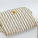 CHANEL Striped Matelasse Chain Shoulder Bag Canvas White Gray CC Auth bs3642-14