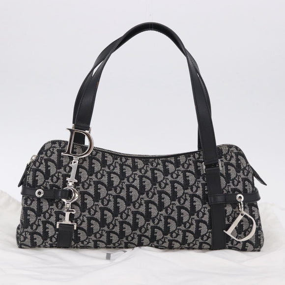 Christian Dior Trotter Canvas Hand Bag Black Silver Auth bs36425V