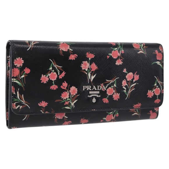 PRADA Long Wallet Safiano Leather Black Silver Auth bs36436