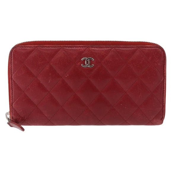 CHANEL Matelasse Long Wallet Lamb Skin Red Silver CC Auth bs36449