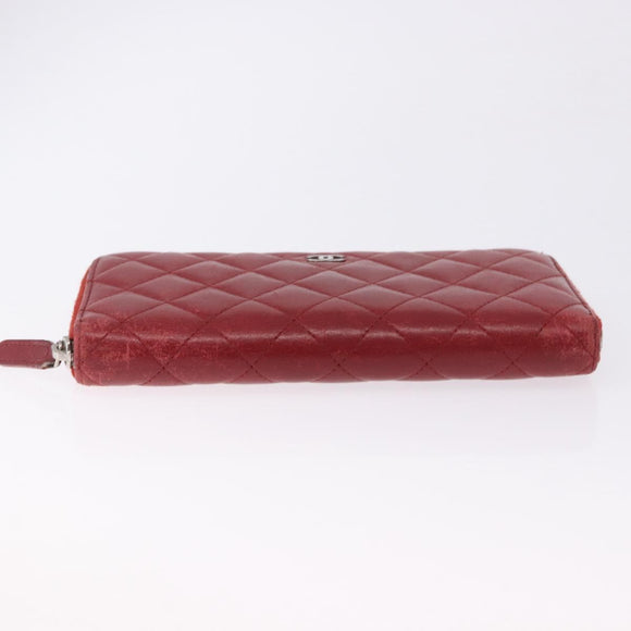 CHANEL Matelasse Long Wallet Lamb Skin Red Silver CC Auth bs36449