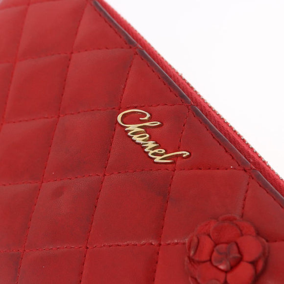 CHANEL Matelasse Camelia Long Wallet Lamb Skin Red Gold CC Auth bs36502