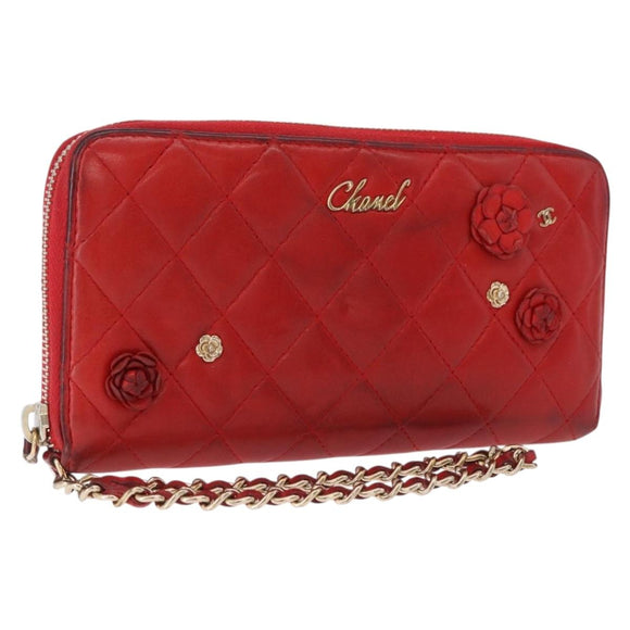 CHANEL Matelasse Camelia Long Wallet Lamb Skin Red Gold CC Auth bs36502