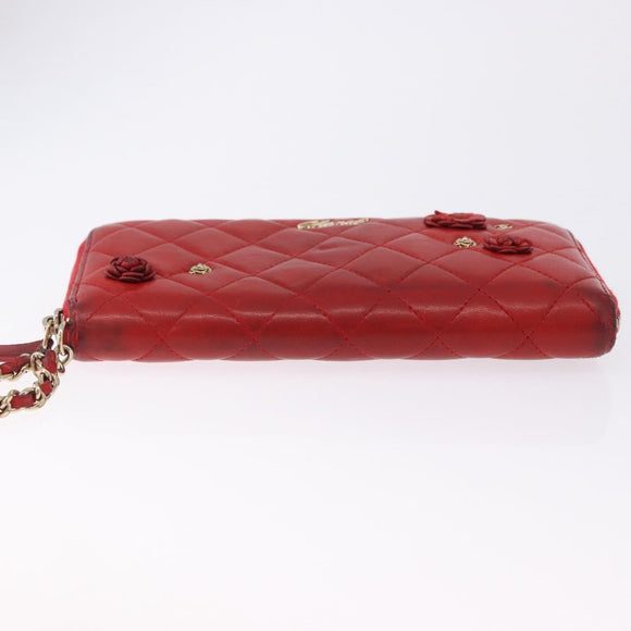 CHANEL Matelasse Camelia Long Wallet Lamb Skin Red Gold CC Auth bs36502