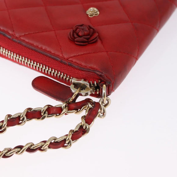 CHANEL Matelasse Camelia Long Wallet Lamb Skin Red Gold CC Auth bs36502