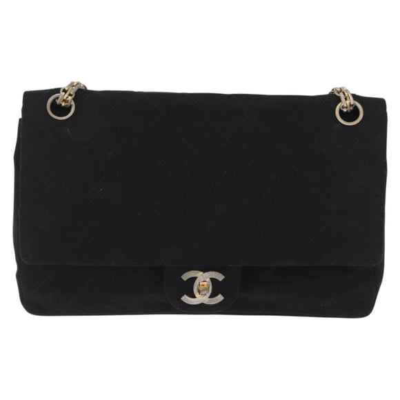 CHANEL Matelasse Chain Shoulder Bag Cotton Black Gold CC Auth bs36504